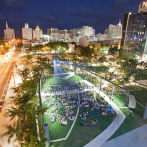 Modern, landscaped park Designed by the Dutch urban design & landscape architecture firm West 8, SoundScape Park is a 2.5-acre urban park in the cultural and civic heart of Miami Beach. Capturing the spirit and vitality of the city, it is a flexible, multi-use space adjacent to the New World Center. SoundScape Park serves as both an urban oasis and a gathering place for cultural and special events offering outdoor movie nights every Wednesday from October - March with high-tech audio & visual effects.